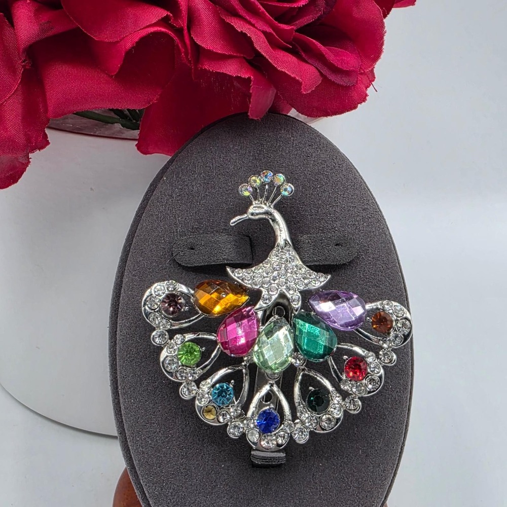 Multicolor Rhinestone Peacock Brooch Silver Tone Statement Bird Pin Glamorous